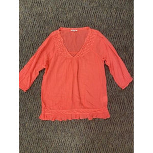 Violet Ruby Womens Boho Hippie 3/4 Sleeve Blouse Crochet V-Neck Coral Pink XL